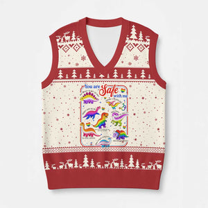 Cute Rainbow Dinosaur LGBTQ Ally V-Neck Knit Sweater Vest You Are Safe With Me Pride Month