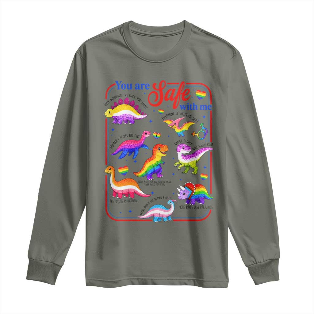 Cute Rainbow Dinosaur LGBTQ Ally Long Sleeve Shirt You Are Safe With Me Pride Month