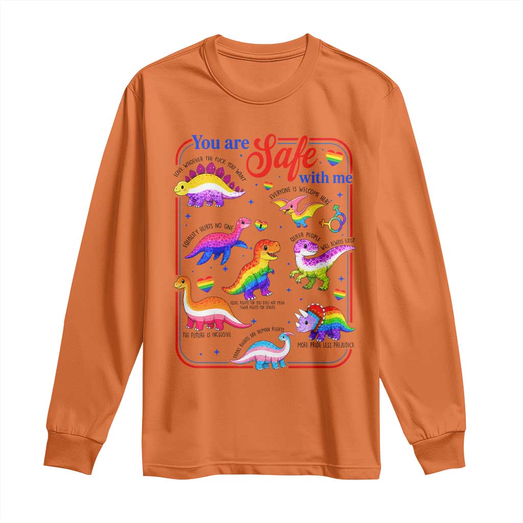 Cute Rainbow Dinosaur LGBTQ Ally Long Sleeve Shirt You Are Safe With Me Pride Month