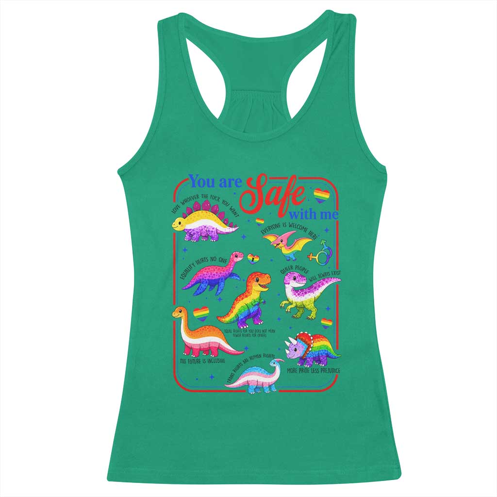 Cute Rainbow Dinosaur LGBTQ Ally Racerback Tank Top You Are Safe With Me Pride Month