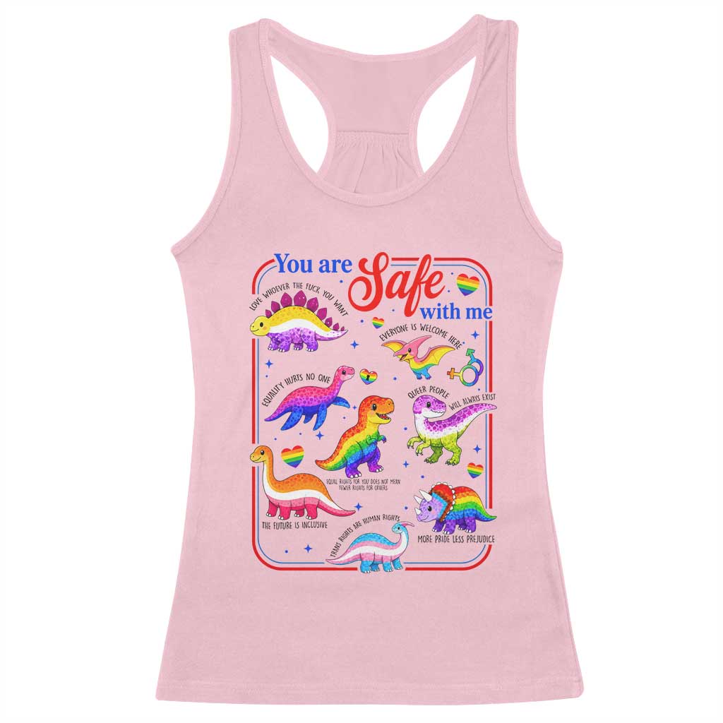 Cute Rainbow Dinosaur LGBTQ Ally Racerback Tank Top You Are Safe With Me Pride Month