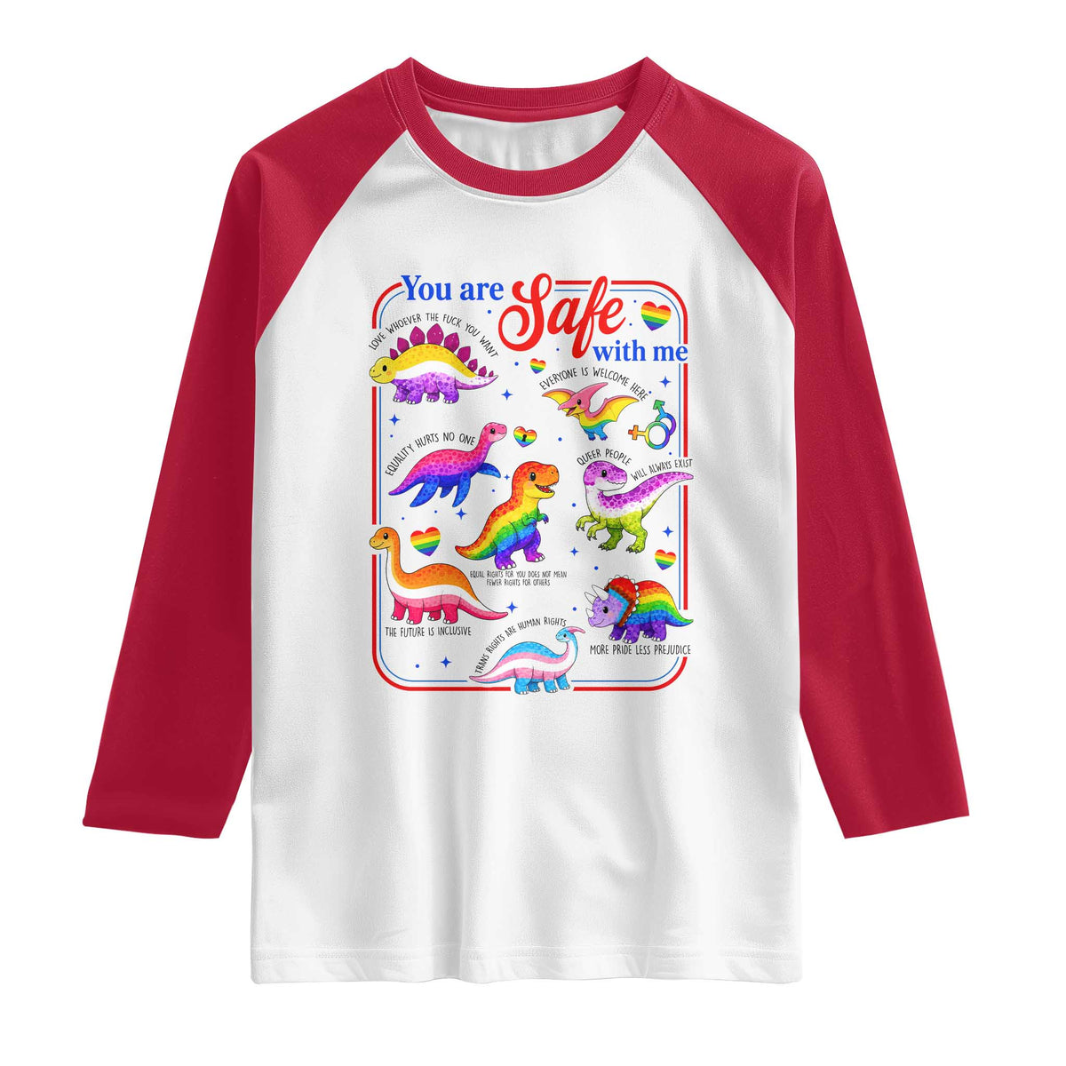 Cute Rainbow Dinosaur LGBTQ Ally Raglan Shirt You Are Safe With Me Pride Month