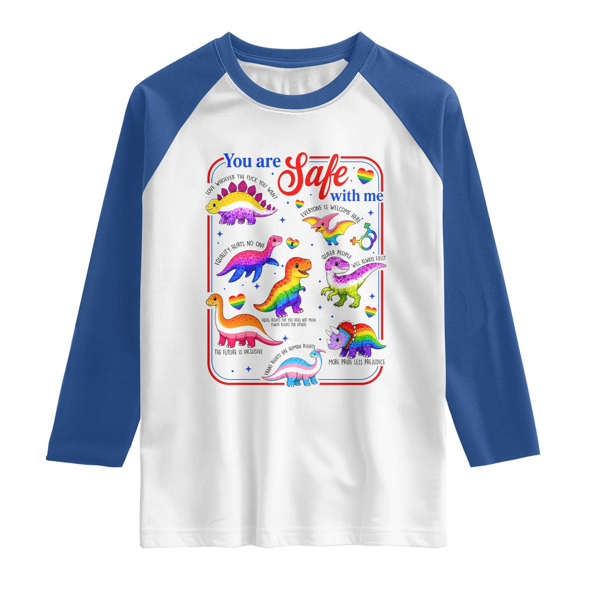 Cute Rainbow Dinosaur LGBTQ Ally Raglan Shirt You Are Safe With Me Pride Month