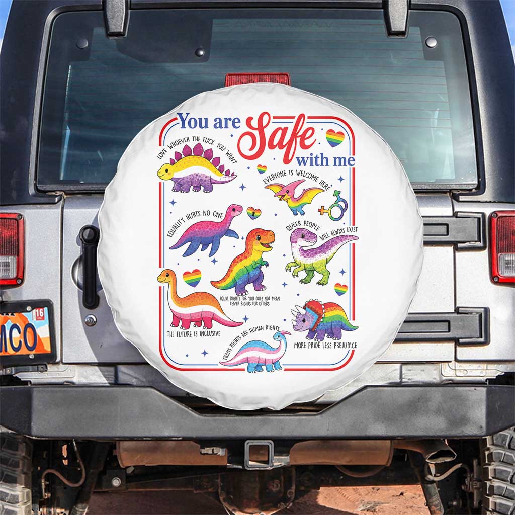 Cute Rainbow Dinosaur LGBTQ Ally Spare Tire Cover You Are Safe With Me Pride Month