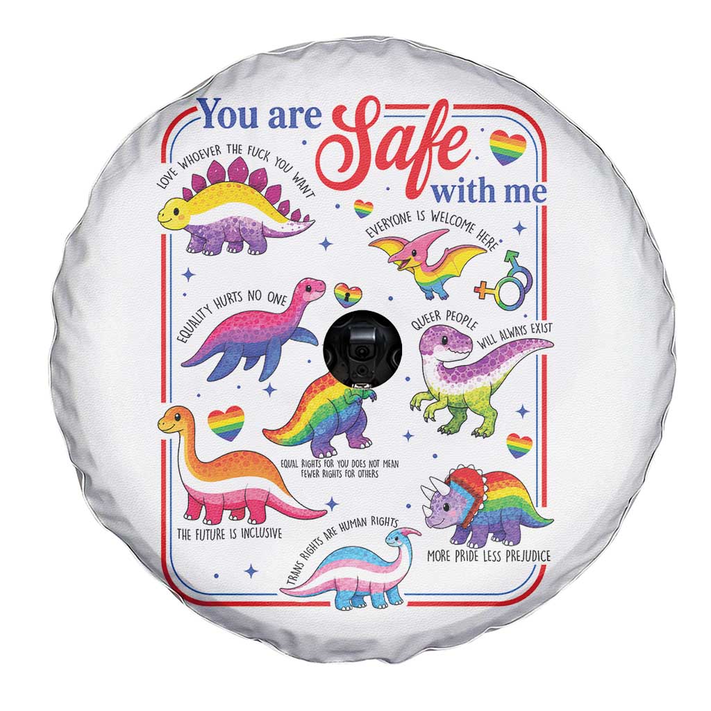 Cute Rainbow Dinosaur LGBTQ Ally Spare Tire Cover You Are Safe With Me Pride Month