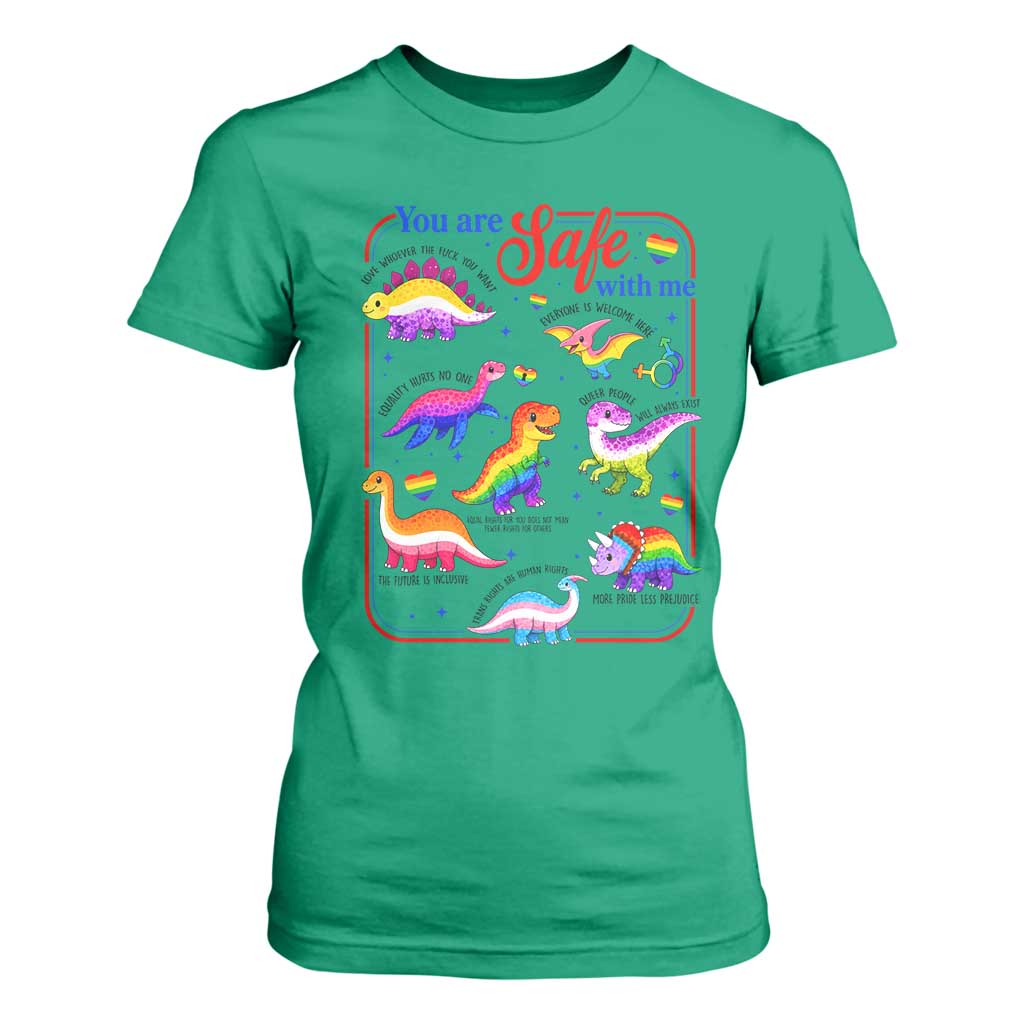 Cute Rainbow Dinosaur LGBTQ Ally T Shirt For Women You Are Safe With Me Pride Month