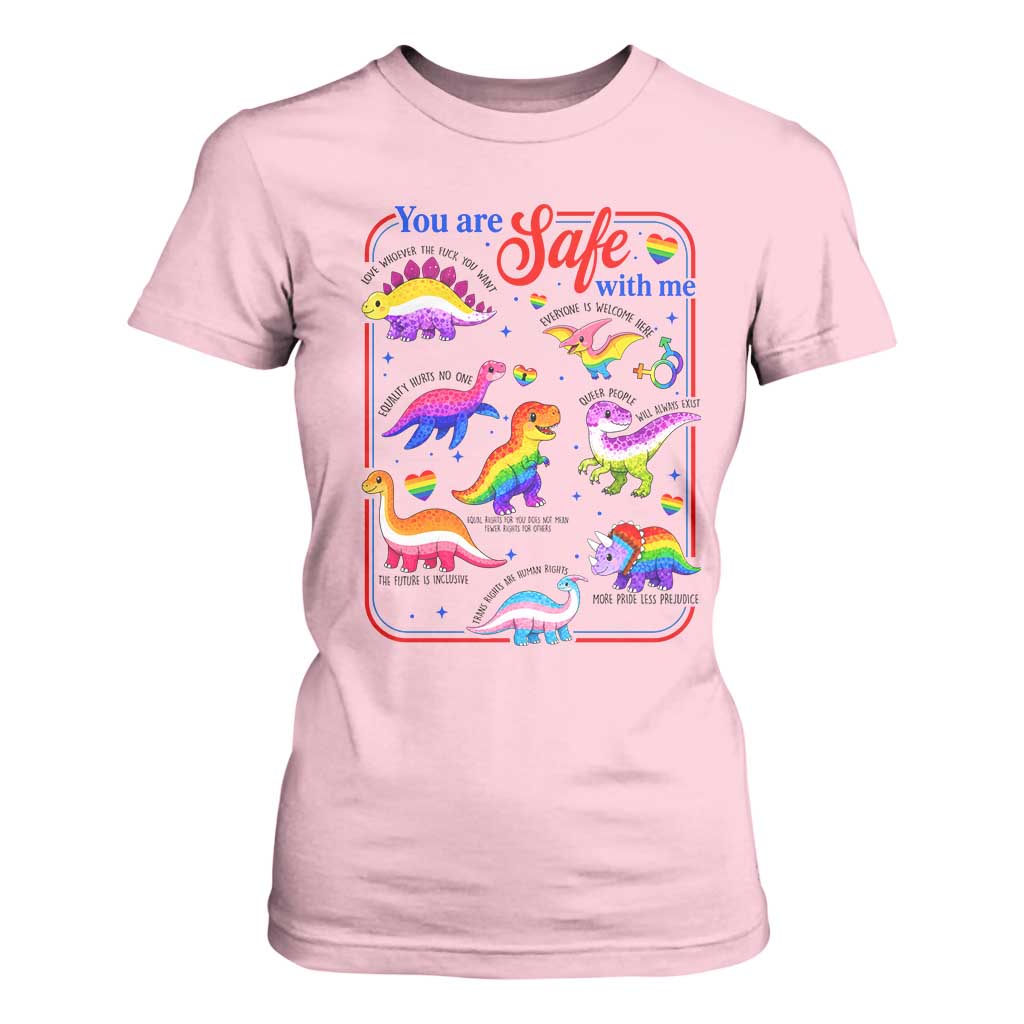 Cute Rainbow Dinosaur LGBTQ Ally T Shirt For Women You Are Safe With Me Pride Month