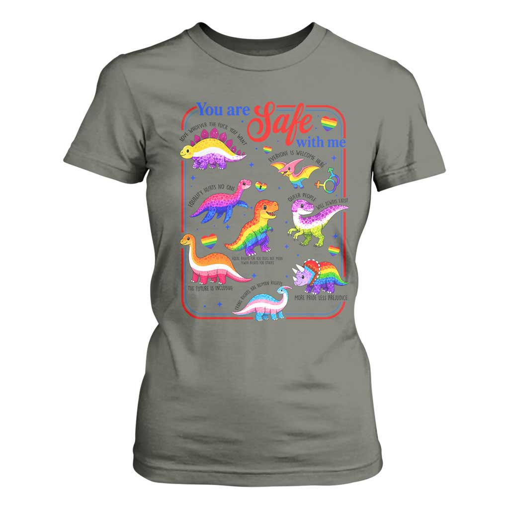 Cute Rainbow Dinosaur LGBTQ Ally T Shirt For Women You Are Safe With Me Pride Month