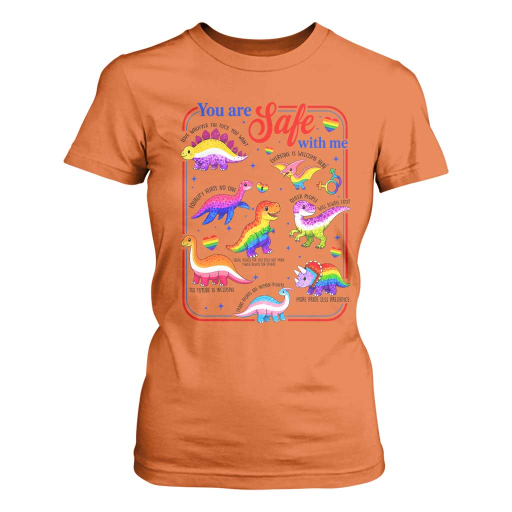 Cute Rainbow Dinosaur LGBTQ Ally T Shirt For Women You Are Safe With Me Pride Month