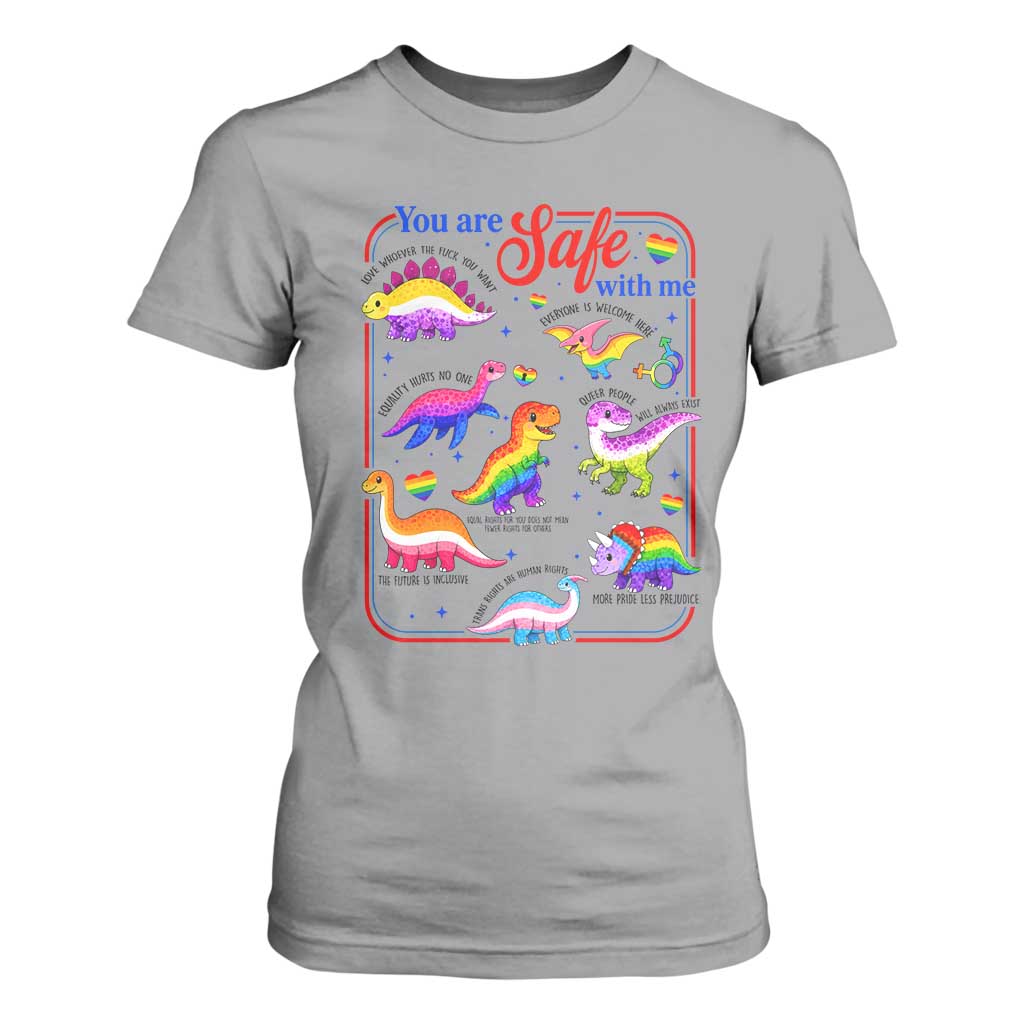 Cute Rainbow Dinosaur LGBTQ Ally T Shirt For Women You Are Safe With Me Pride Month