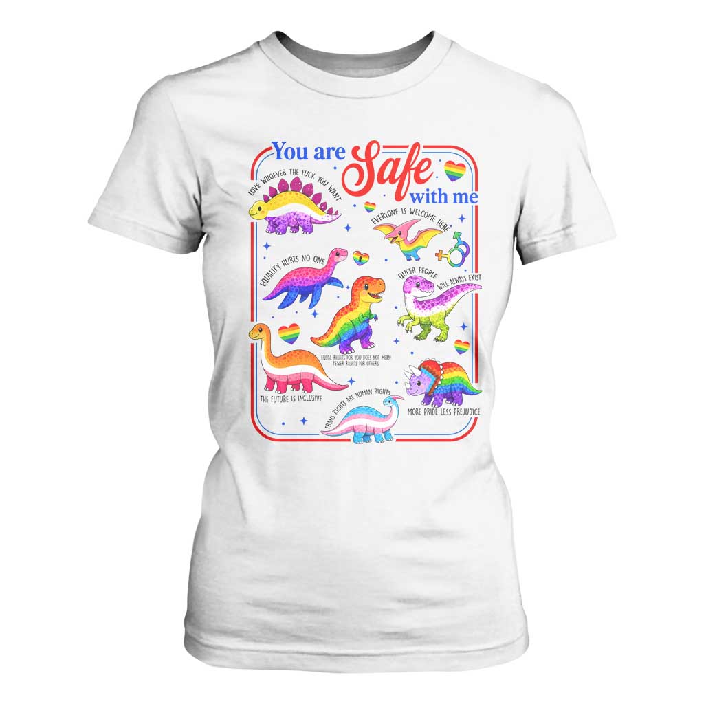 Cute Rainbow Dinosaur LGBTQ Ally T Shirt For Women You Are Safe With Me Pride Month