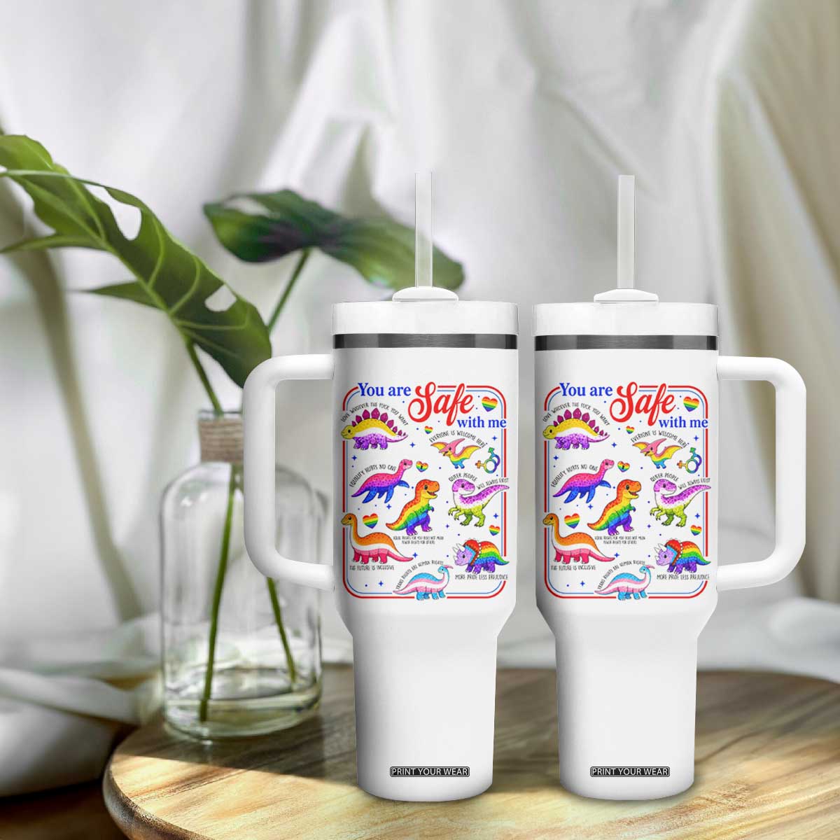Cute Rainbow Dinosaur LGBTQ Ally Tumbler With Handle You Are Safe With Me Pride Month