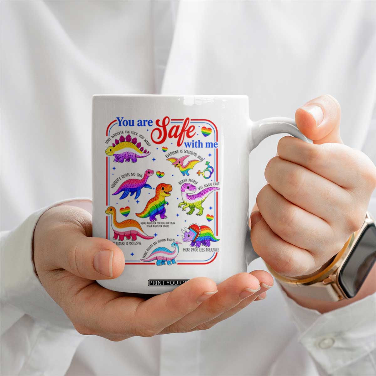 Cute Rainbow Dinosaur LGBTQ Ally Coffee Mug You Are Safe With Me Pride Month