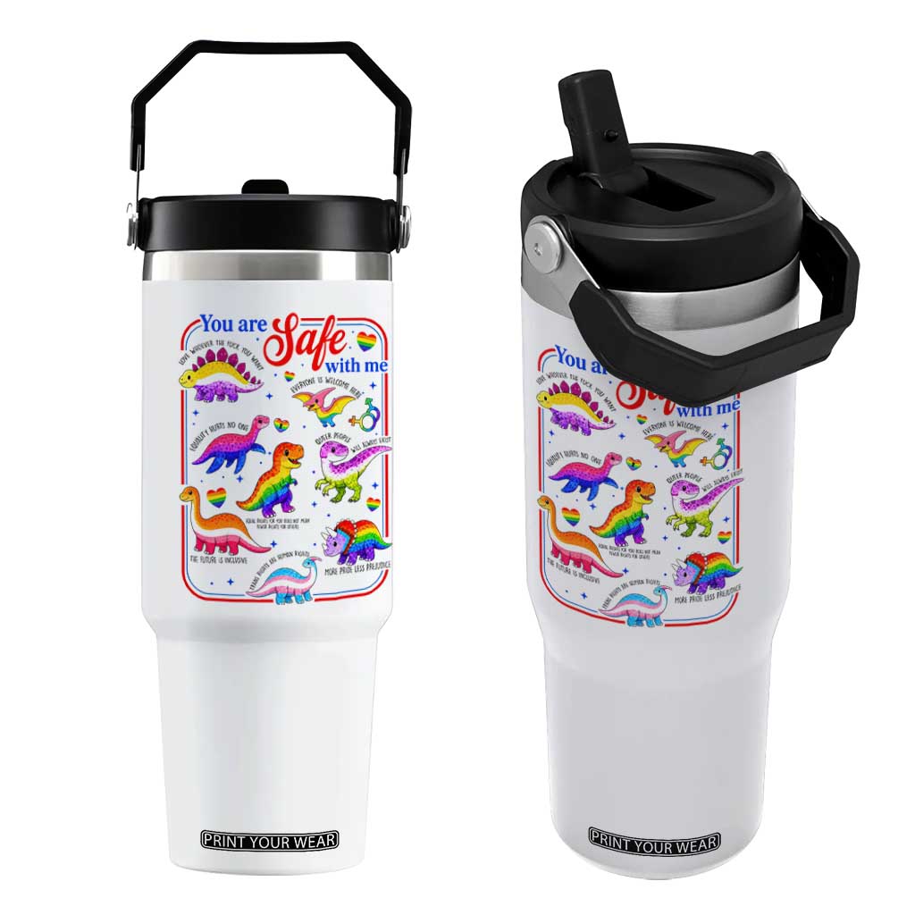 Cute Rainbow Dinosaur LGBTQ Ally Flip Straw Tumbler You Are Safe With Me Pride Month