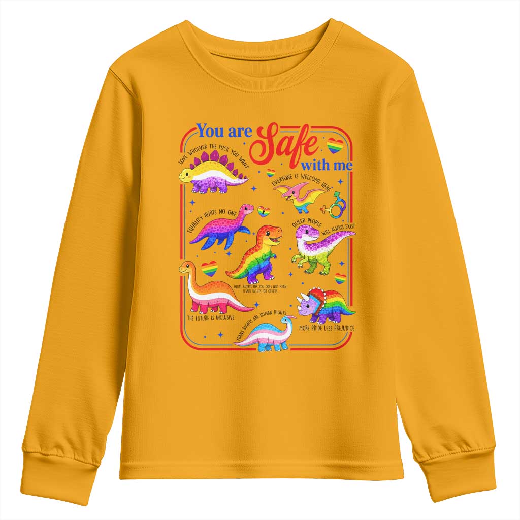 Cute Rainbow Dinosaur LGBTQ Ally Youth Sweatshirt You Are Safe With Me Pride Month