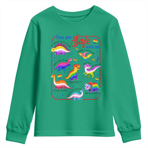 Cute Rainbow Dinosaur LGBTQ Ally Youth Sweatshirt You Are Safe With Me Pride Month