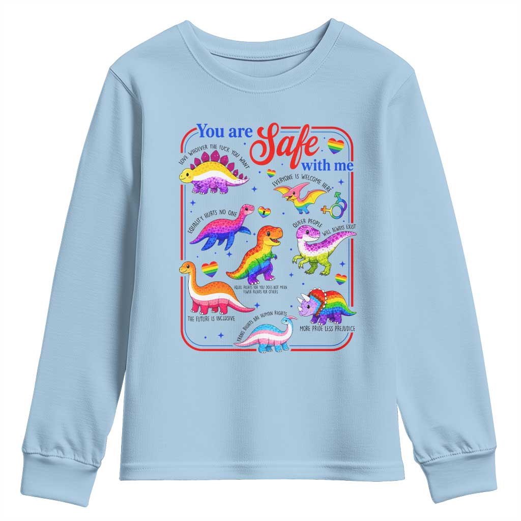 Cute Rainbow Dinosaur LGBTQ Ally Youth Sweatshirt You Are Safe With Me Pride Month