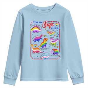 Cute Rainbow Dinosaur LGBTQ Ally Youth Sweatshirt You Are Safe With Me Pride Month