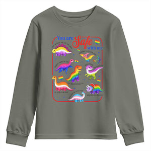 Cute Rainbow Dinosaur LGBTQ Ally Youth Sweatshirt You Are Safe With Me Pride Month