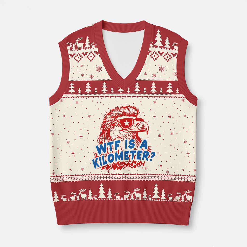 WTF Is A Kilometer Funny American Bald Eagle V-Neck Knit Sweater Vest Patriotic 4th of July Humor