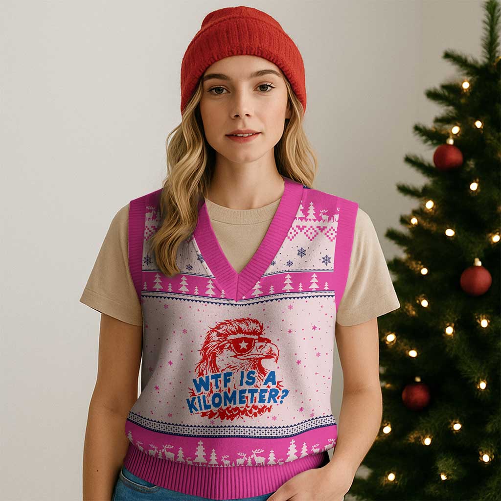 WTF Is A Kilometer Funny American Bald Eagle V-Neck Knit Sweater Vest Patriotic 4th of July Humor