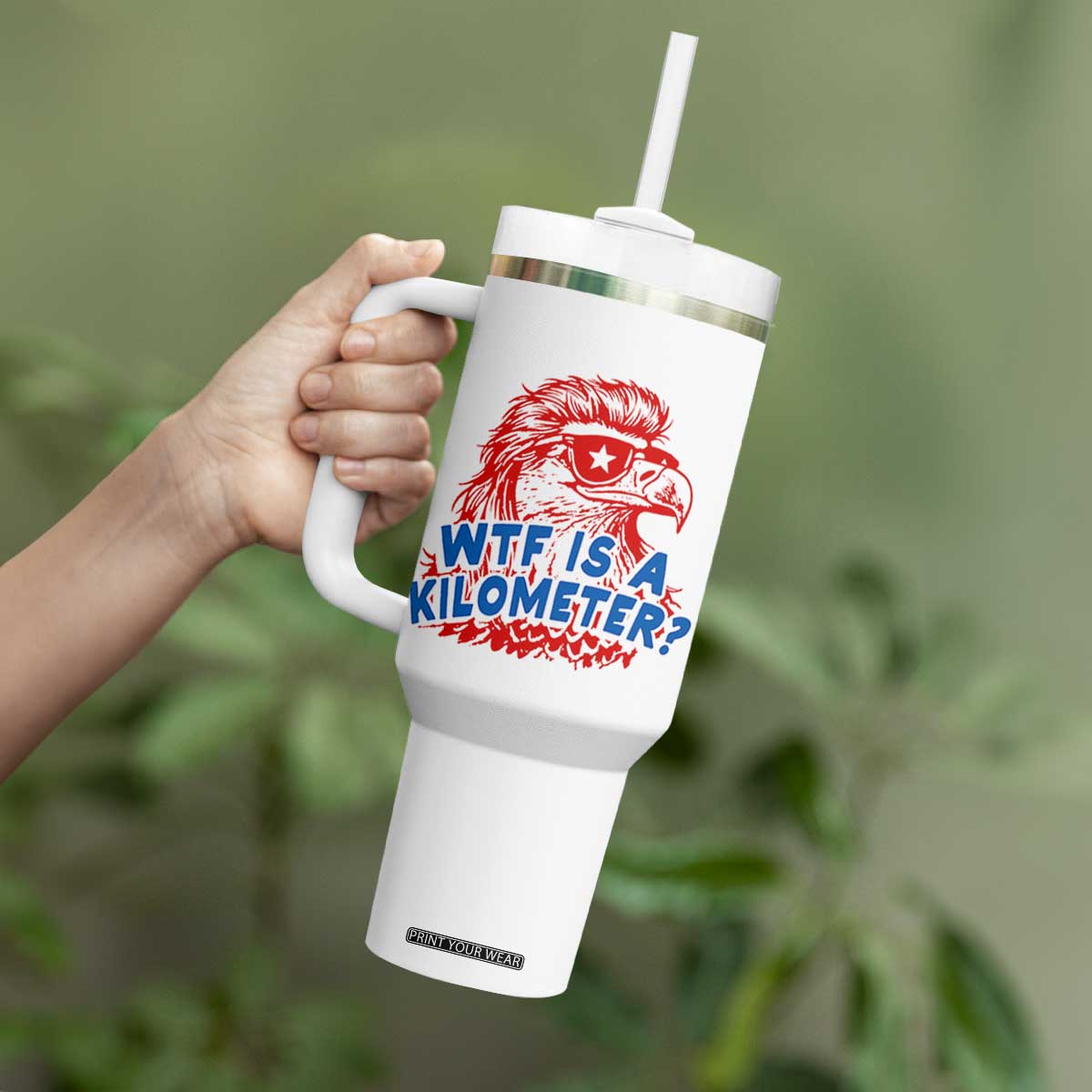 WTF Is A Kilometer Funny American Bald Eagle Tumbler With Handle Patriotic 4th of July Humor