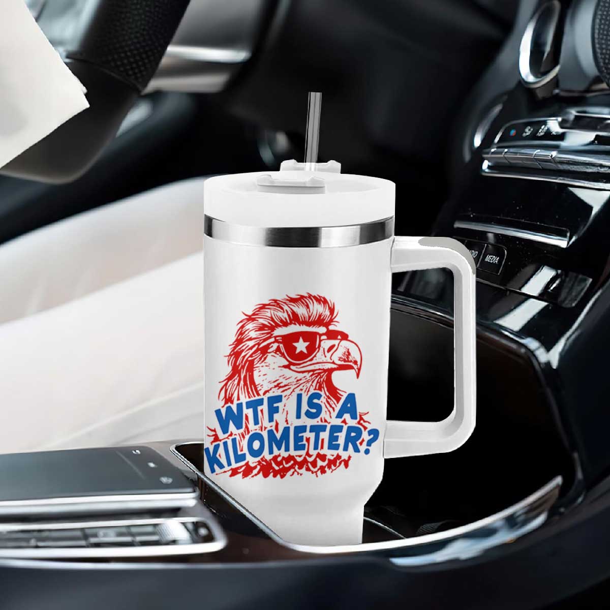 WTF Is A Kilometer Funny American Bald Eagle Tumbler With Handle Patriotic 4th of July Humor