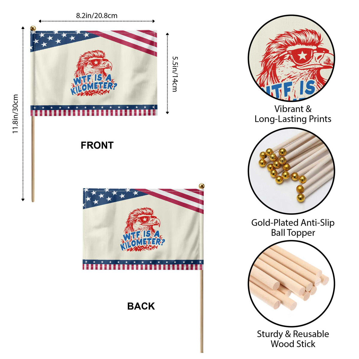 WTF Is A Kilometer Funny American Bald Eagle Patriotic Handheld Flag 4th of July Humor
