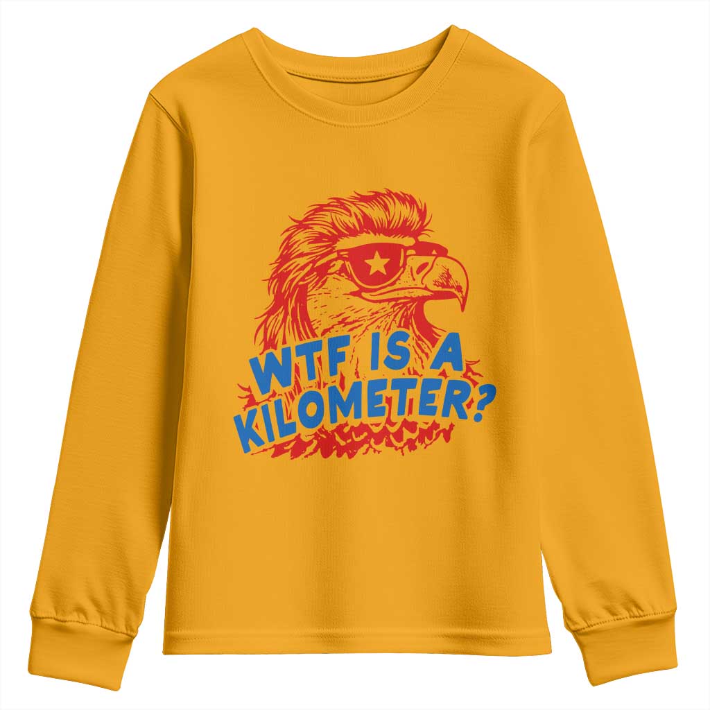 WTF Is A Kilometer Funny American Bald Eagle Youth Sweatshirt Patriotic 4th of July Humor