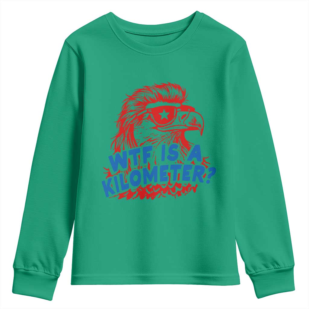 WTF Is A Kilometer Funny American Bald Eagle Youth Sweatshirt Patriotic 4th of July Humor