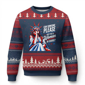 Patriotic Lady Liberty Feminist Graphic Ugly Christmas Sweater Can Someone Please Just Put A Woman In Charge Funny Feminism