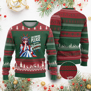Patriotic Lady Liberty Feminist Graphic Ugly Christmas Sweater Can Someone Please Just Put A Woman In Charge Funny Feminism