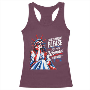 Patriotic Lady Liberty Feminist Graphic Racerback Tank Top Can Someone Please Just Put A Woman In Charge Funny Feminism