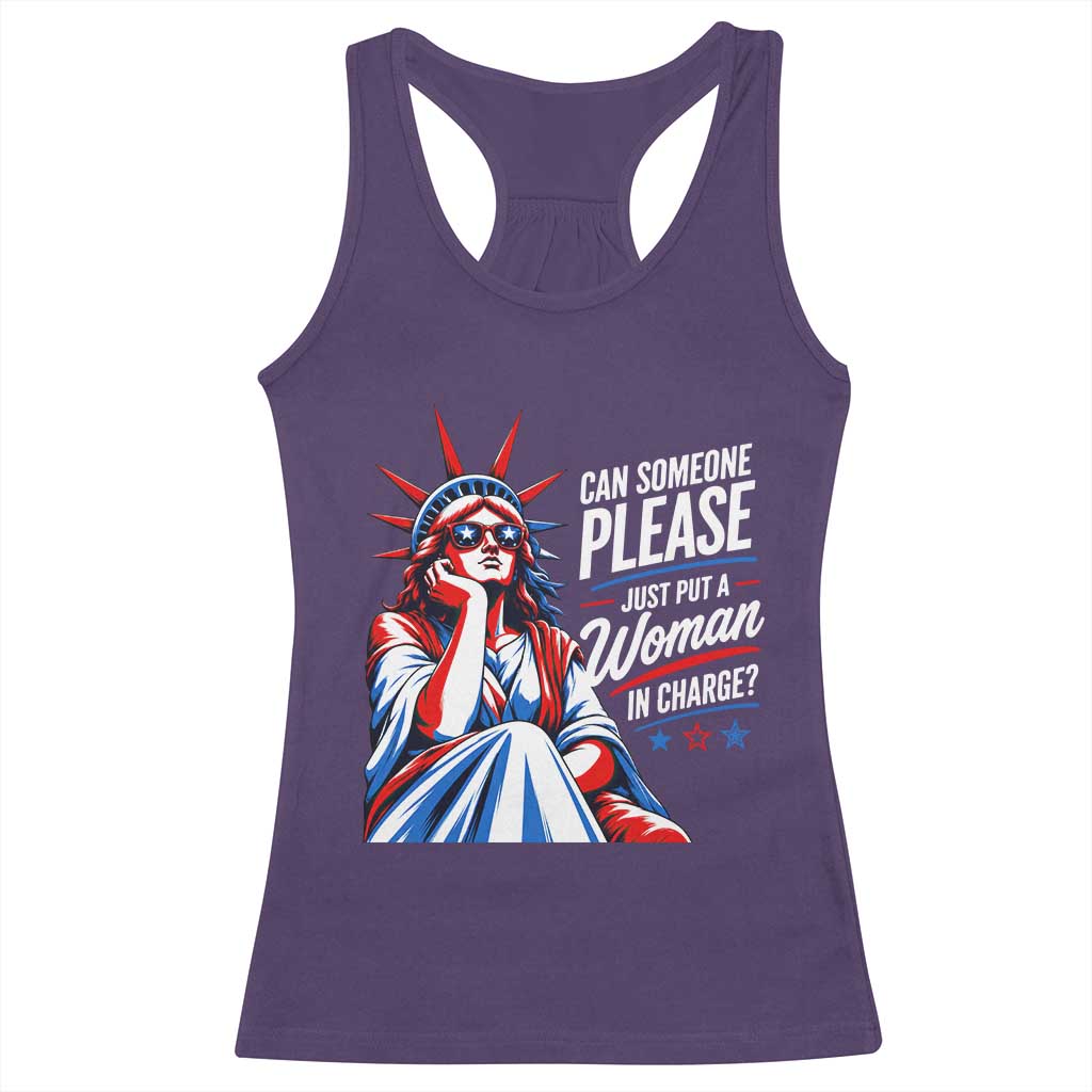 Patriotic Lady Liberty Feminist Graphic Racerback Tank Top Can Someone Please Just Put A Woman In Charge Funny Feminism