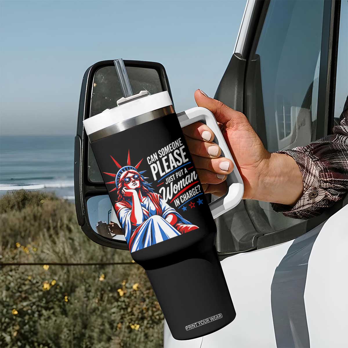Patriotic Lady Liberty Feminist Graphic Tumbler With Handle Can Someone Please Just Put A Woman In Charge Funny Feminism