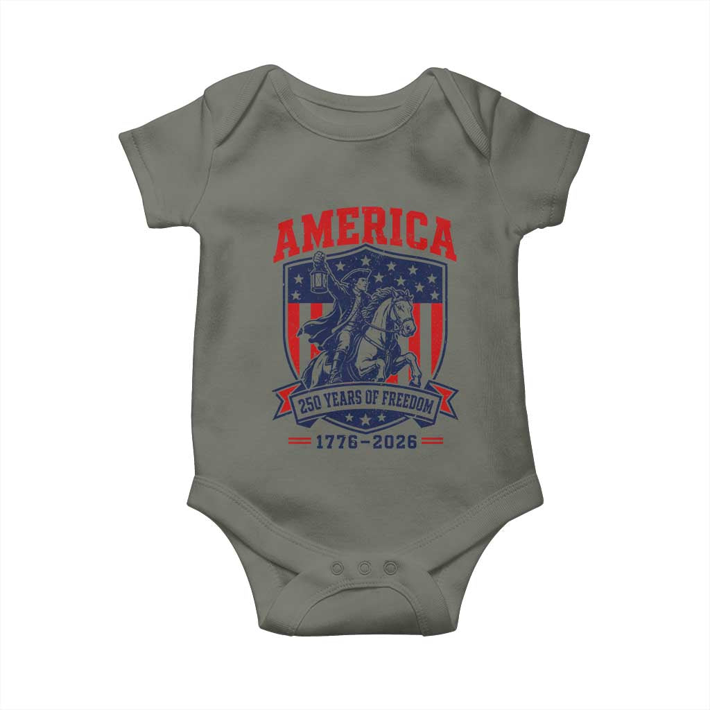 250 Years of Freedom Paul Revere Midnight Ride Baby Onesie Patriotic Historical Revolution American Flag Shield