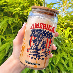 250 Years of Freedom Paul Revere Midnight Ride Glass Can Patriotic Historical Revolution American Flag Shield