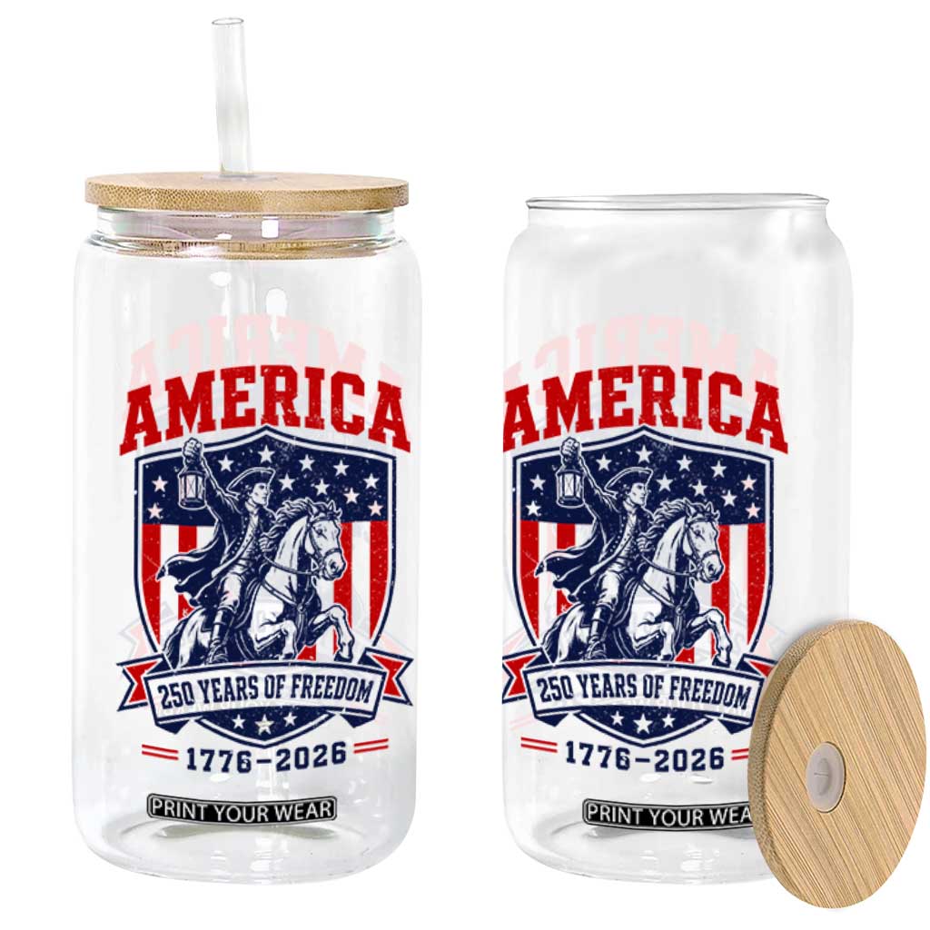 250 Years of Freedom Paul Revere Midnight Ride Glass Can Patriotic Historical Revolution American Flag Shield