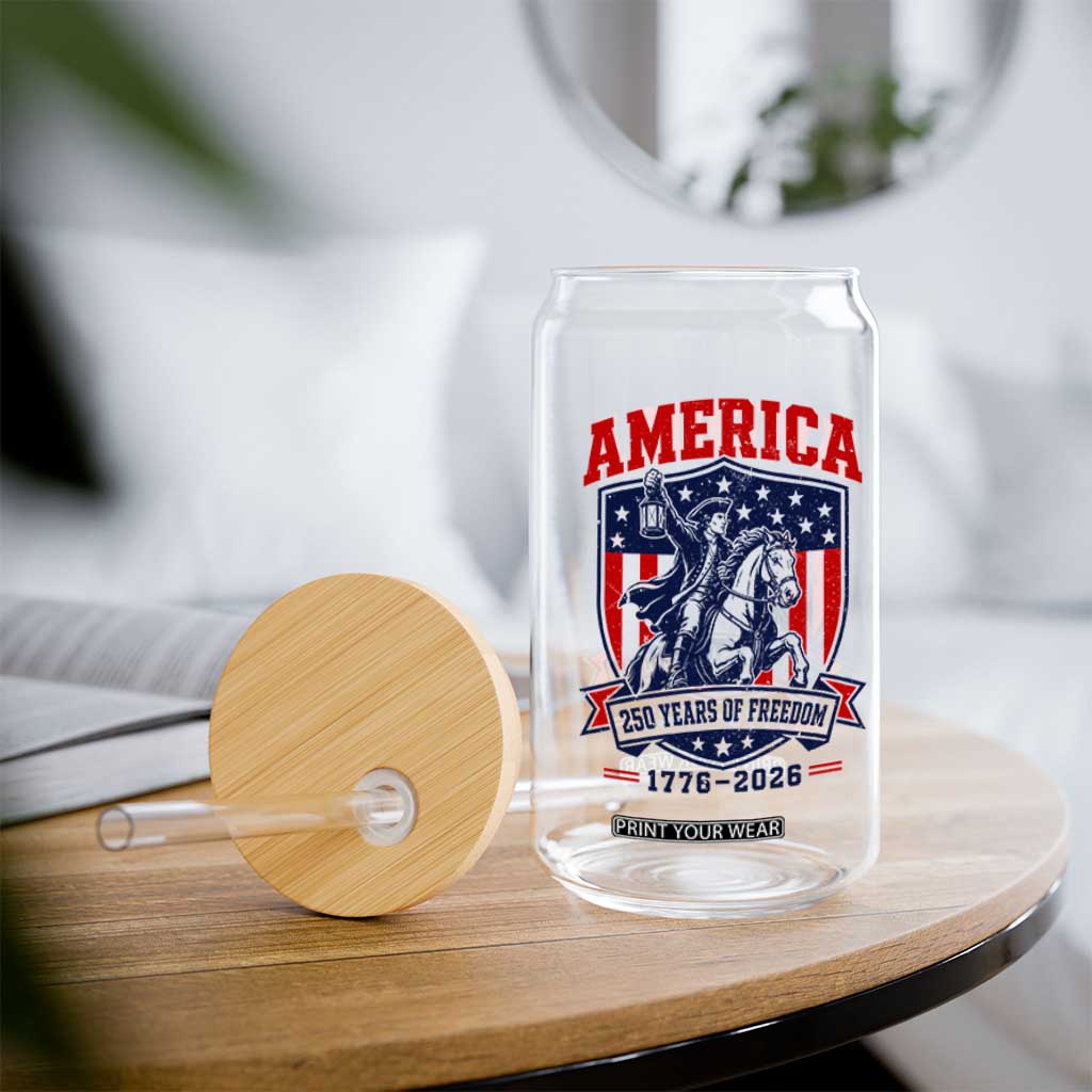 250 Years of Freedom Paul Revere Midnight Ride Glass Can Patriotic Historical Revolution American Flag Shield