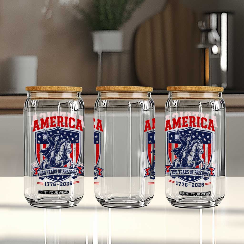 250 Years of Freedom Paul Revere Midnight Ride Glass Can Patriotic Historical Revolution American Flag Shield
