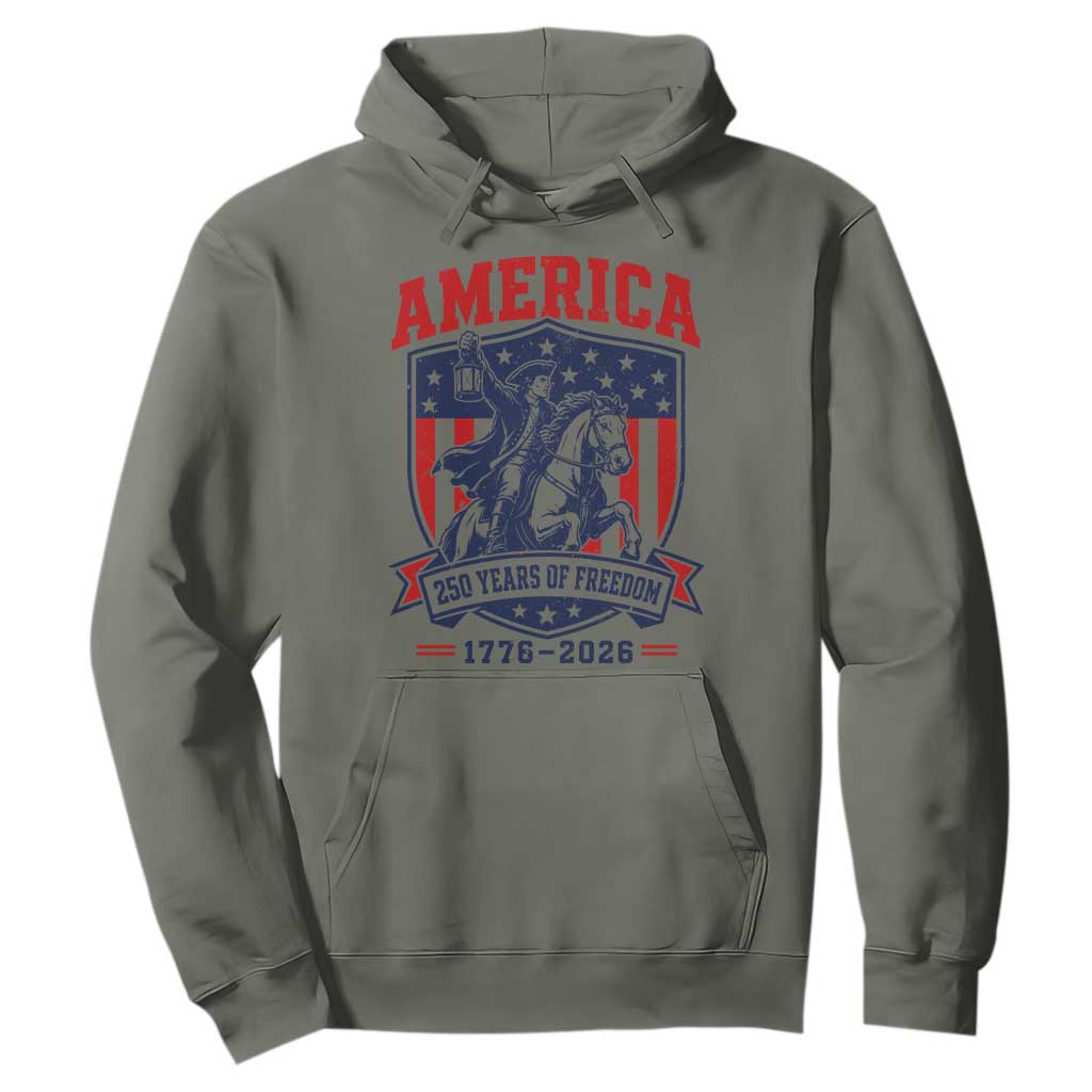 250 Years of Freedom Paul Revere Midnight Ride Hoodie Patriotic Historical Revolution American Flag Shield