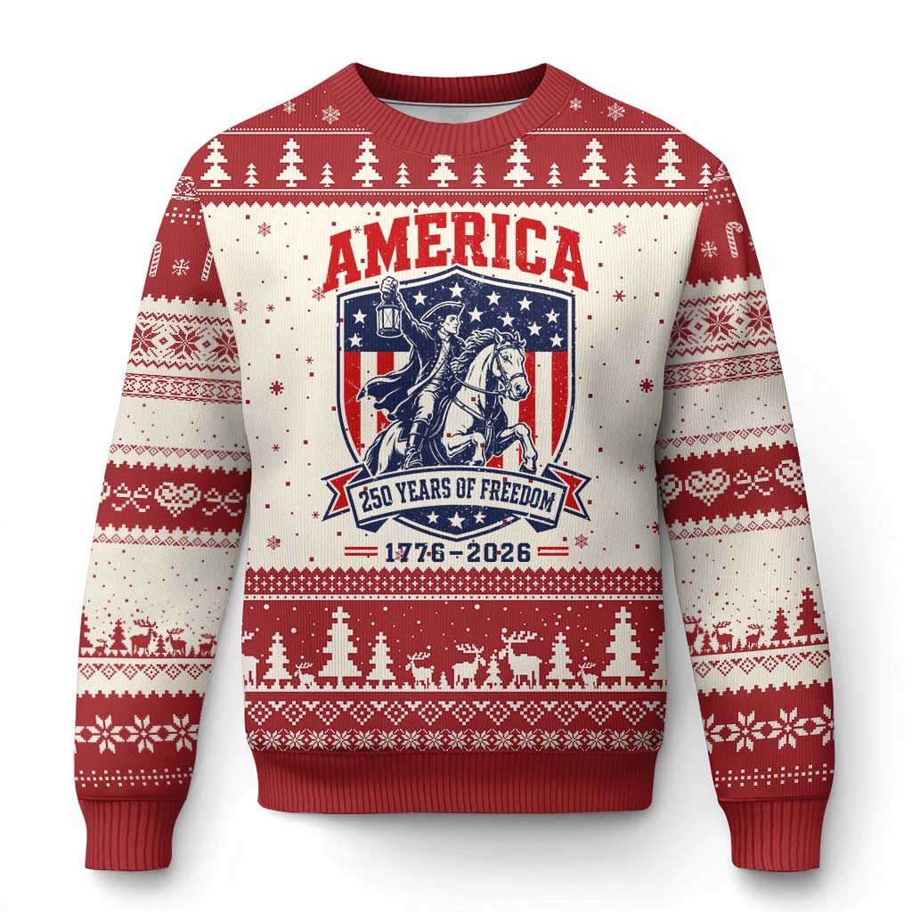 250 Years of Freedom Paul Revere Midnight Ride Ugly Christmas Sweater Patriotic Historical Revolution American Flag Shield