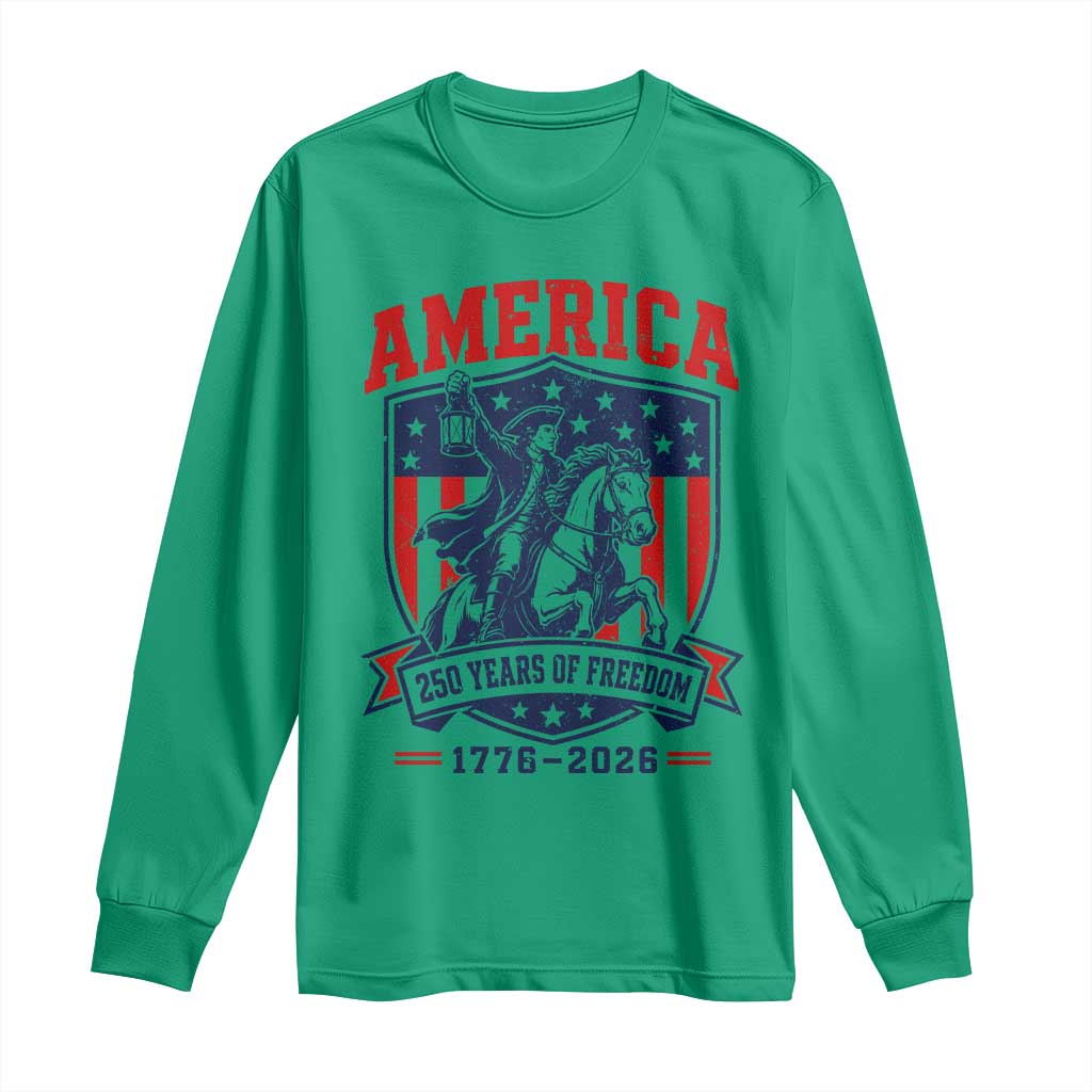 250 Years of Freedom Paul Revere Midnight Ride Long Sleeve Shirt Patriotic Historical Revolution American Flag Shield
