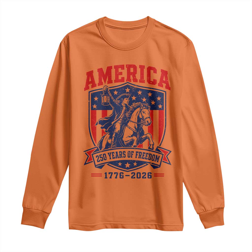 250 Years of Freedom Paul Revere Midnight Ride Long Sleeve Shirt Patriotic Historical Revolution American Flag Shield