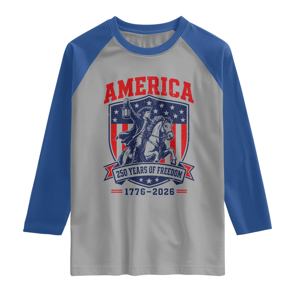 250 Years of Freedom Paul Revere Midnight Ride Raglan Shirt Patriotic Historical Revolution American Flag Shield