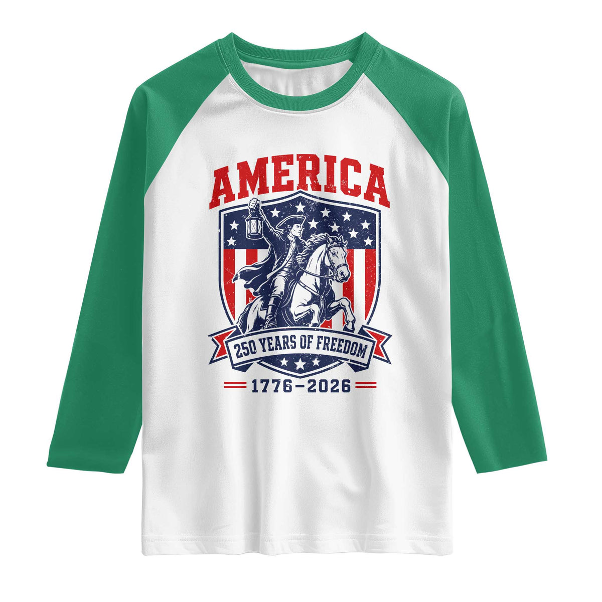 250 Years of Freedom Paul Revere Midnight Ride Raglan Shirt Patriotic Historical Revolution American Flag Shield
