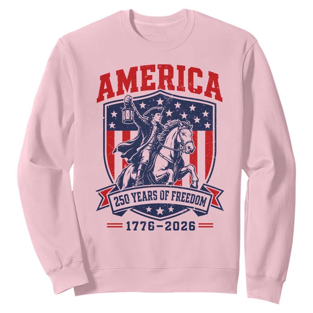 250 Years of Freedom Paul Revere Midnight Ride Sweatshirt Patriotic Historical Revolution American Flag Shield