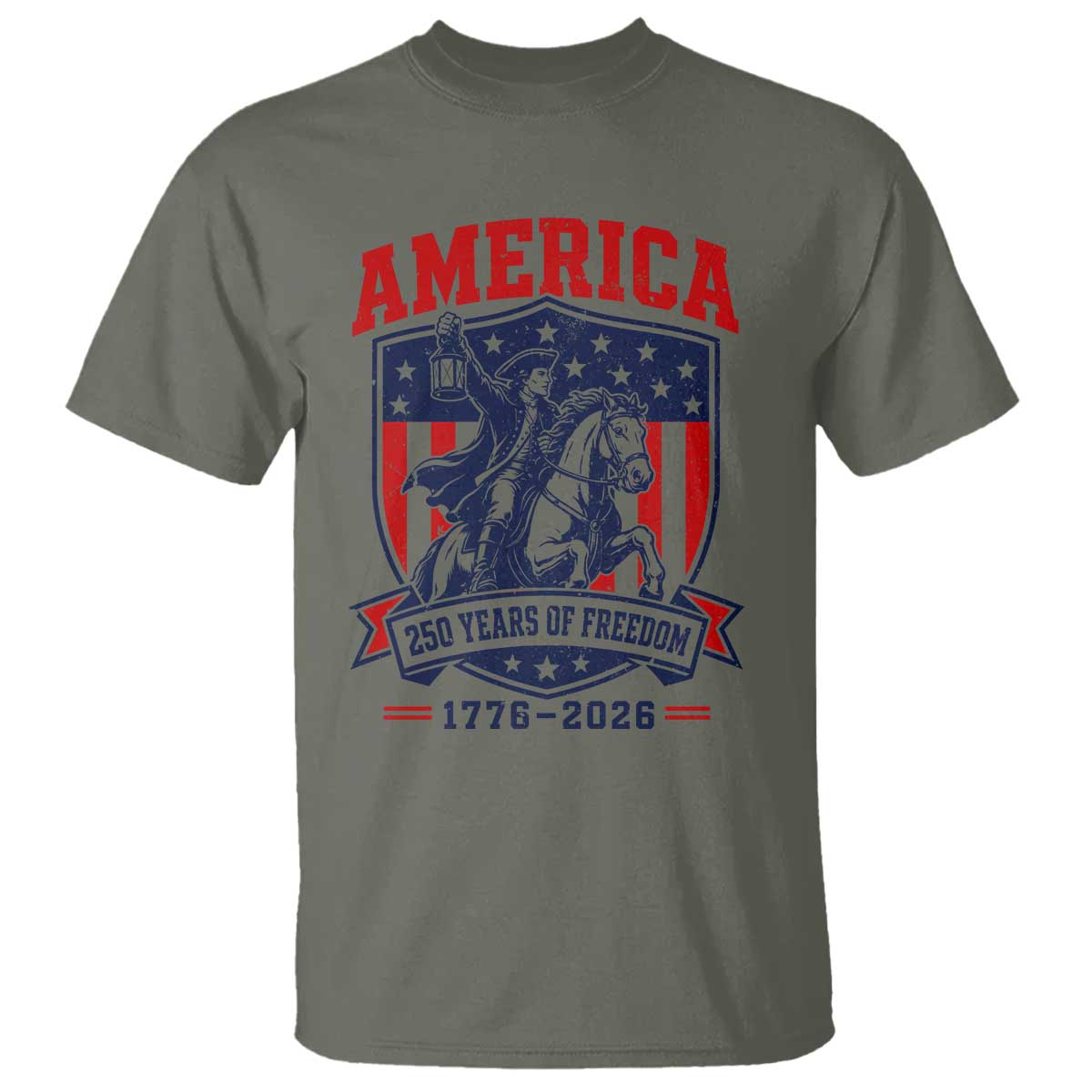 250 Years of Freedom Paul Revere Midnight Ride T Shirt Patriotic Historical Revolution American Flag Shield