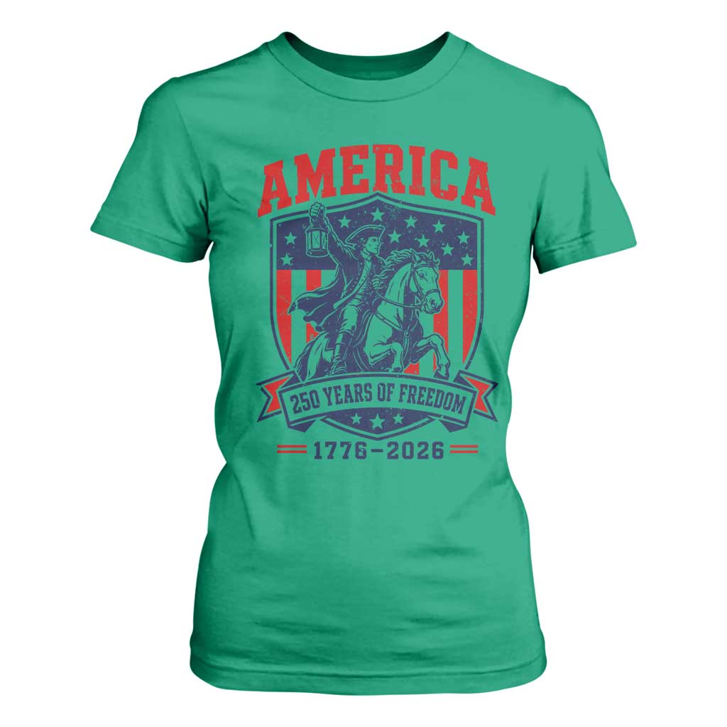 250 Years of Freedom Paul Revere Midnight Ride T Shirt For Women Patriotic Historical Revolution American Flag Shield