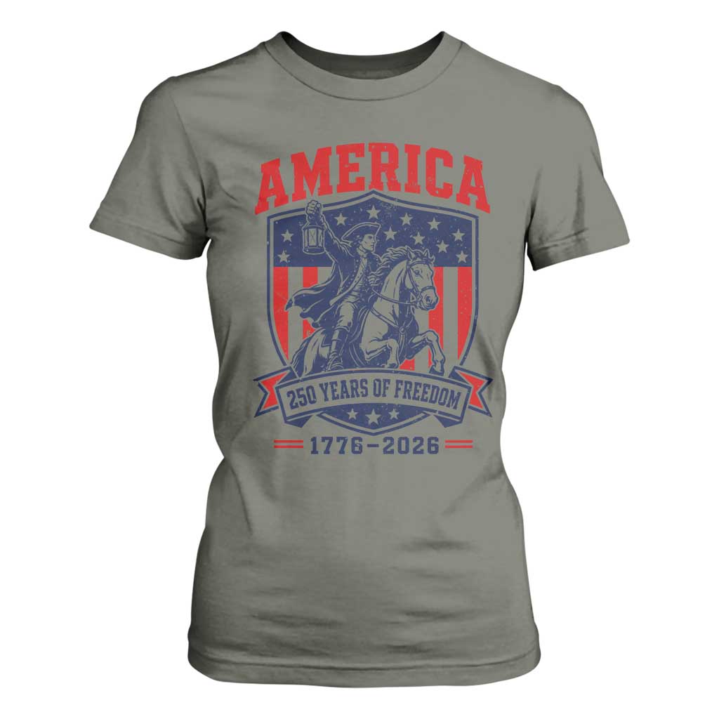 250 Years of Freedom Paul Revere Midnight Ride T Shirt For Women Patriotic Historical Revolution American Flag Shield